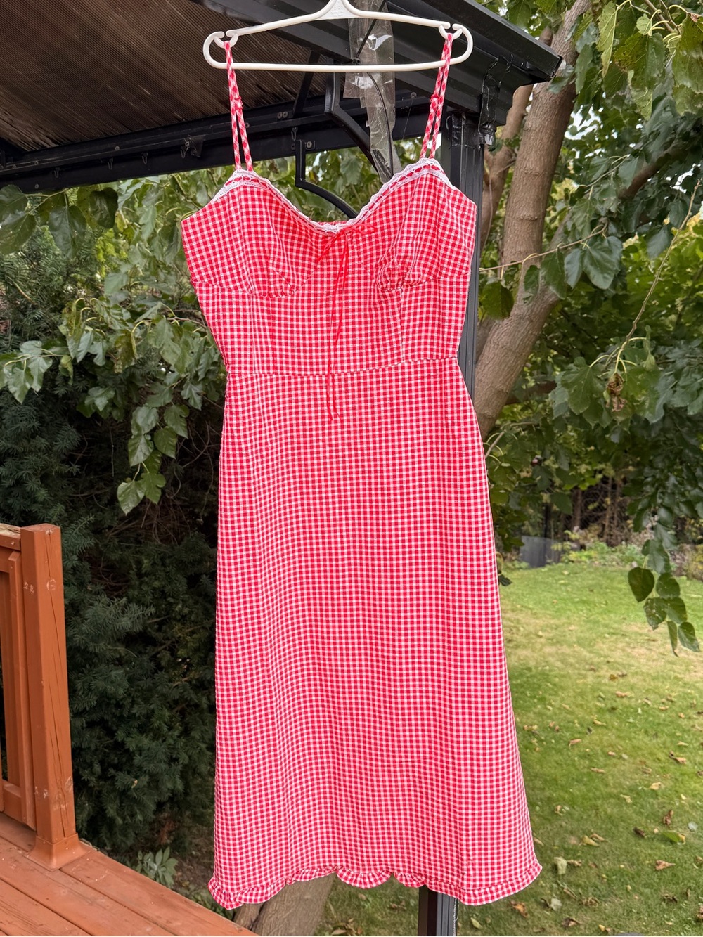 Red Gingham A-Line Midi Dress Smocked Back Ruffle Hem Cottagecore Linen Lace Bow